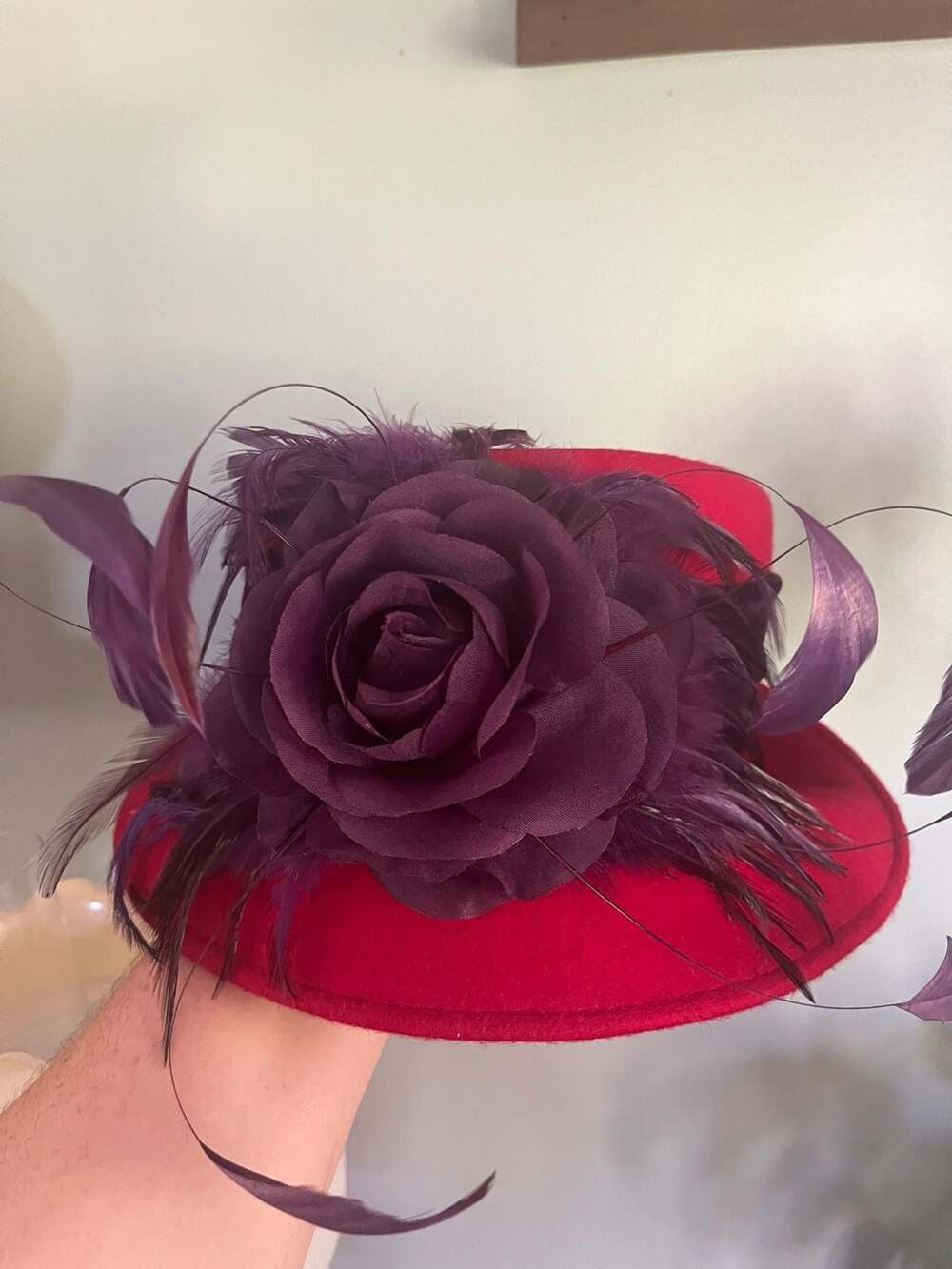 Women's RED HAT SOCIETY- Red and Purple Wool and Satin Ribbon with Feather's Hat